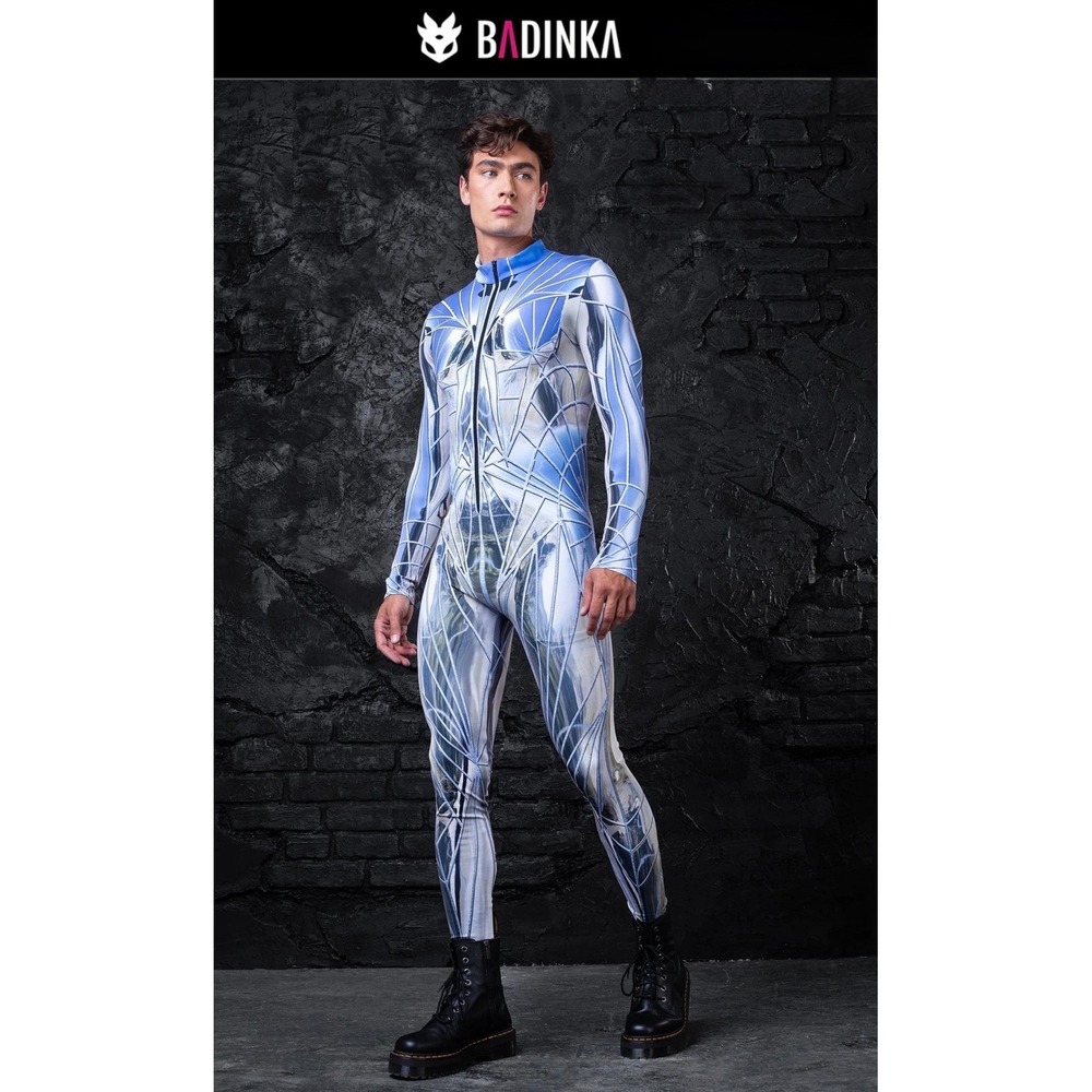 Badinka Mens You Reflect Rave Costume Bodysuit Blue Silver Geometric L/XL